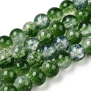 Transparent Crackle Baking Painted Glass Beads Strands, Imitation Opalite, Round, Green, 8.5x7.5mm, Hole: 1.5mm, about 107~109pcs/strand, 30.71 inch~31.30 inch(78~79.5cm)