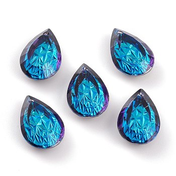 Embossed Glass Rhinestone Pendants, Teardrop, Faceted, Bermuda Blue, 19x12x6mm, Hole: 1.6mm