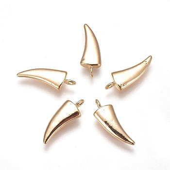 Brass Charms, Horn, Nickel Free, Real 18K Gold Plated, 15x5x2mm, Hole: 1mm
