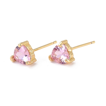 Dainty Heart Pink Cubic Zirconia Stud Earrings for Her, Cadmium Free & Lead Free, Real 18K Gold Plated, 7x7.5x4.5mm, Pin: 0.8mm