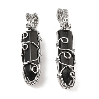 Natural Obsidian Pendants, with Platinum Tone Rack Plating Brass Wire Wrap, Lead Free & Cadmium Free, Cone, 61x15.5x14mm, Hole: 4mm