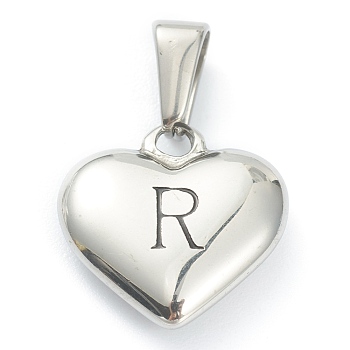 304 Stainless Steel Pendants, Heart with Black Letter, Stainless Steel Color, Letter.R, 16x16x4.5mm, Hole: 7x3mm