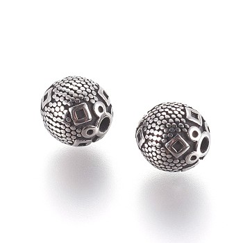 304 Stainless Steel Beads, Round, Antique Silver, 9x10mm, Hole: 1.6mm