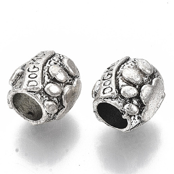 Tibetan Style Alloy European Beads, Large Hole Beads, Cadmium Free & Lead Free, Barrel with Word Dog Mom, Antique Silver, 10x10.5mm, Hole: 5.5mm, about 295pcs/1000g