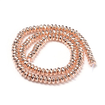 Electroplate Non-magnetic Synthetic Hematite Beads Strands, Rondelle, Faceted, Rose Gold Plated, 5.5x3mm, Hole: 0.8mm, about 131pcs/strand, 15.5 inch(39.5cm)