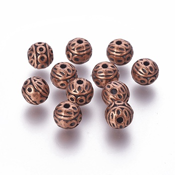 Tibetan Style Zinc Alloy Beads, Textured Round, Cadmium Free & Nickel Free & Lead Free, Red Copper, 8mm, Hole: 1mm