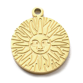 Ion Plating(IP) 316L Surgical Stainless Steel Charms, Textured, Flat Round with Sun Charm, Real 18K Gold Plated, 14x12x1.5mm, Hole: 1.2mm