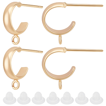 20Pcs Brass Stud Earring Findings, Half Hoop Earring Finding with with Vertical Loops and Steel Pins, with 40Pcs Plastic Ear Nut, Nickel Free, Real 18K Gold Plated, 13x3mm, Hole: 1.5mm, Pin: 0.8mm