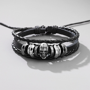 Cowhide & PU Leather Braided Triple Layer Multi-strand Bracelet, Alloy Skull Beaded Adjustable Bracelet, Black, 6-3/4 inch(17cm)