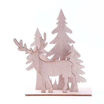 Undyed Platane Wood Home Display Decorations, Christmas Tree with Christmas Reindeer/Stag, BurlyWood, 153.5x42.5x146.5mm, 4pcs/set