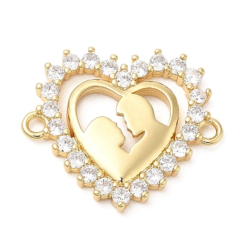 Brass Micro Pave Clear Cubic Zirconia Links, Lead Free & Cadmium Free, Long-Lasting, Loves, Heart with Couple, Real 18K Gold Plated, 19x22.5x2.5mm, Hole: 2mm