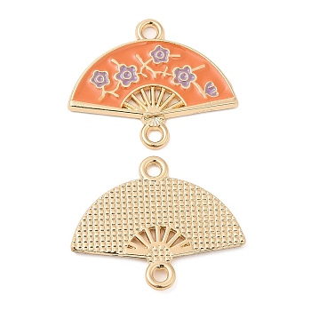Alloy Enamel Connector Charms, Handheld Fan Links, Cadmium Free & Nickel Free & Lead Free, Golden, Orange, 19.5x24x1.5mm, Hole: 1.8mm and 1.6mm
