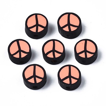 Handmade Polymer Clay Beads, Flat Round with Peace Sign, Light Salmon, 9~10x4.5mm, Hole: 1.6mm