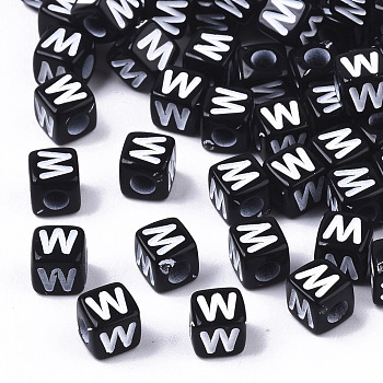 Opaque Acrylic Beads, Horizontal Hole, Alphabet Style, Cube, Black & White, Letter.W, 5x5x5mm, Hole: 2mm, about 5000pcs/500g
