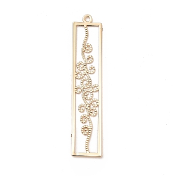 Rack Plating Brass Filigree Pendants, Long-Lasting Plated, Retangle with Flower, Light Gold, 45x9x0.3mm, Hole: 1.5mm