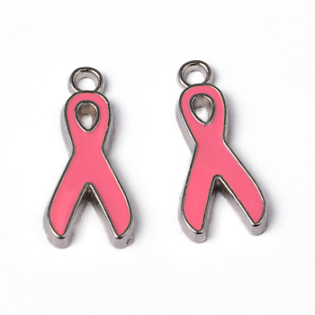 Breast Cancer Pink Awareness Ribbon Alloy Enamel Pendants, Lead Free and Cadmium Free, Platinum Metal Color, 19x8x1mm, Hole: 2mm