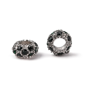 Alloy Rhinestone European Beads, Large Hole Beads, Rondelle, Platinum Metal Color, Emerald, 11x6mm, Hole: 5mm