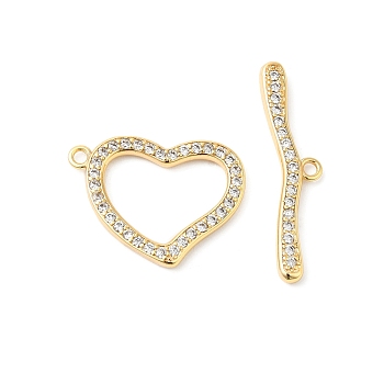 Brass Micro Pave Clear Cubic Zirconia Toggle Clasps, Heart, Real 18K Gold Plated, Heart: 17x22.5x2mm, Hole: 1.6mm, Bar: 7x29.5x2.5, Hole: 1.6mm