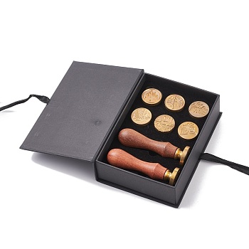 (Defective Closeout Sale: Oxidation) Random Style Wax Seal Stamp Set, Including 8Pcs Brass Wax Seal Stamp Heads and 2Pcs Wood Handles, with Gift Box, Mixed Patterns, Golden, 150x107x42mm, Stamp Heads: about 25.5x14.5mm, Hole: 7mm, Random 8 styles, 1pc/style