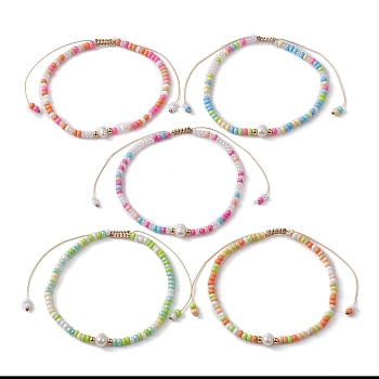 Natural Pearl & Glass Seed Braided Bead Bracelets, Nylon Adjustable Bracelet, Mixed Color, Inner Diameter: 2~3-1/8 inch(5.2~8cm)