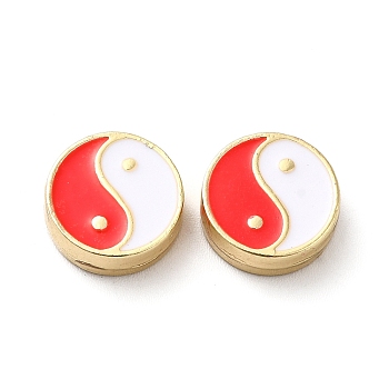 Rack Plating Alloy Enamel Beads, Flat Round with Yin Yang Pattern, Golden, Red, 11x4mm, Hole: 1.6mm