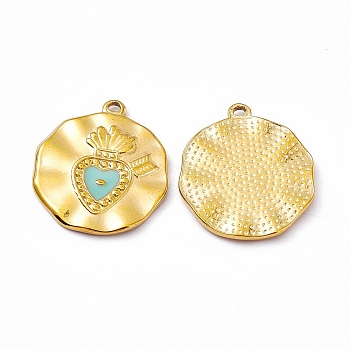 Vacuum Plating 201 Stainless Steel Enamel Pendants, Real 18K Gold Plated, Flat Round with Sacred Heart Charm, Aqua, 22x19.5x1.7mm, Hole: 1.3mm