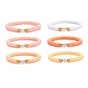 6Pcs 6 Color Handmade Polymer Clay Heishi Surfer Stretch Bracelets Set, Acrylic Heart Beaded Preppy Bracelet Women, Mixed Color, Inner Diameter: 2-3/8 inch(5.9cm), 1Pc/color