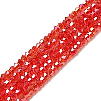 Glass Beads Strands, AB Color Plated, Faceted, Bicone, Red, 2x3mm, Hole: 0.5mm, about 200pcs/strand, 16.5 inch