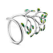 SHEGRACE Stylish Rhodium Plated 925 Sterling Silver Ring, Cuff Rings, Open Rings, with Enamel Tree, Platinum, 18mm(JR390A)