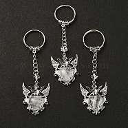 Natural Quartz Crystal Heart with Wing Pendant Keychain, with Platinum Tone Brass Findings, 9.6cm(G-Z033-04P-03)