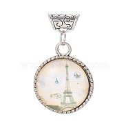 Antique Silver Plated Alloy Pendants, with Glass, Flat Round with Eiffel Tower, White, 56.5mm, Hole: 5.5mm(PALLOY-L218-01AS)