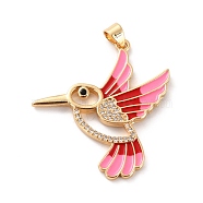 Brass Micro Pave Clear Cubic Zirconia Pendants, with Enamel, Long-Lasting Plated, Real 18K Gold Plated, Bird, FireBrick, 33.5x31x2mm, Hole: 3x4mm(ZIRC-Z018-09G-E)