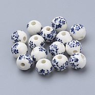 Handmade Printed Porcelain Beads, Round, Prussian Blue, 10mm, Hole: 3mm(PORC-Q201-10mm-4)