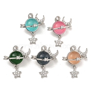 Brass Micro Pave Cubic Zirconia Pendants, with Resin, Long-Lasting Plated, Platinum, Planet & Moon & Star, Mixed Color, 25x22x14mm, Hole: 4x2mm(KK-U035-31P)