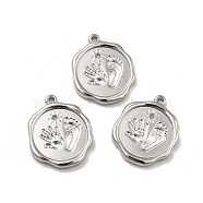 304 Stainless Steel Pendant Rhinestone Settings, Flat Round with Palm & Foot Print, Stainless Steel Color, Fit for 1mm Rhinestone, 20x16x2.5mm, Hole: 1.4mm(STAS-I197-001P)