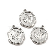 Tarnish Resistant 304 Stainless Steel Pendant Rhinestone Settings, Flat Round with Palm & Foot Print, Stainless Steel Color, Fit for 1mm Rhinestone, 20x16x2.5mm, Hole: 1.4mm(STAS-I197-001P)