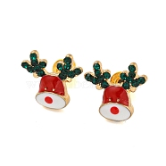 Christmas Alloy Emerald Rhinestone Stud Earrings for Women, with Brass Pins, Golden, Deer, 12x12mm(EJEW-M256-01C-G)