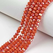 Electroplate Opaque Solid Color Glass Beads Strands, Half Rainbow Plated, Faceted, Rondelle, Orange Red, 10x8mm, Hole: 1mm, about 63~65pcs/strand, 19.2~20 inch(48~50cm)(EGLA-A034-P10mm-L03)