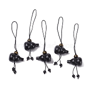 Natural Obsidian Pendant Decoration, with Round Beads and Gourd, 110mm(HJEW-B004-02)