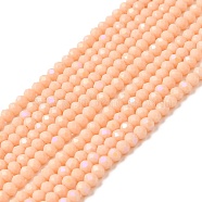 Electroplate Opaque Solid Color Glass Beads Strands, Half Rainbow Plated, Faceted, Rondelle, Salmon, 4x3mm, Hole: 0.4mm, about 123~127pcs/strand, 16.5~16.9 inch(42~43cm)(EGLA-A034-P4mm-L19)