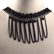 Gothic Style Vintage Lace Choker Necklaces, with Iron Chains, Glass Beads, Black, 14 inch(NJEW-Q291-02)