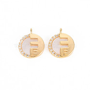 Brass Micro Pave Clear Cubic Zirconia Charms, with Freshwater Shell, Nickel Free, Flat Round, Real 18K Gold Plated, 12.5x10.5x2.5mm, Hole: 1.2mm(KK-T062-162G-NF)
