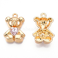 Alloy Pendants, with Glass, Bear with Heart Charm, Cadmium Free & Nickel Free & Lead Free, Golden, 20.5x14x5.5mm, Hole: 1.6mm(PALLOY-T083-05G-01)