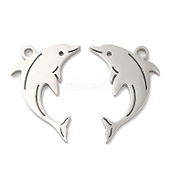 304 Stainless Steel Pendants, Dolphin Charm, Stainless Steel Color, 21.5x14x1.5mm, Hole: 1.8mm(STAS-L020-015P)