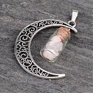 Column Glass Bottle with Rose Quartz inside Pendants, with Moon Alloy Finding and 304 Stainless Steel Findings, 41x29x10mm, Hole: 7x4mm(PALLOY-JF00170-02)