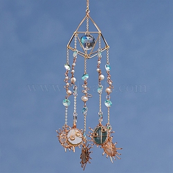 Glass Teardrop Hanging Ornaments, Wrapped Natural Agate Tassel Suncatchers for Home Outdoor Decoration, 450x80mm(PW-WG70020-01)