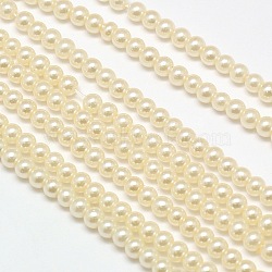 Eco-Friendly Dyed Glass Pearl Round Beads Strands, Grade A, Cotton Cord Threaded, Beige, 4~4.5mm, Hole: 0.7~1.1mm, about 104pcs/strand, 15 inch(HY-A002-4mm-RB011)