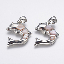 Shell Pendants, with Brass Findings, Dolphin, Platinum, 30x25x4mm, Hole: 5x6mm(SSHEL-E561-01)