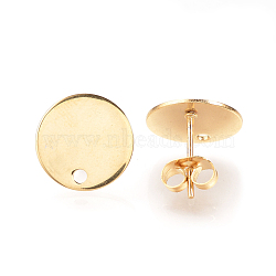 304 Stainless Steel Stud Earring Findings, with Flat Plate, Ear Nuts/Earring Backs, Flat Round, Real 18K Gold Plated, 12mm, Hole: 1mm, Pin: 0.8mm,(STAS-Q223-08A)