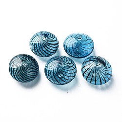 Transparent Handmade Blown Glass Globe Beads, Stripe Pattern, Flat Round, Steel Blue, 11~13x19~20mm, Hole: 1~2mm(GLAA-T012-46)